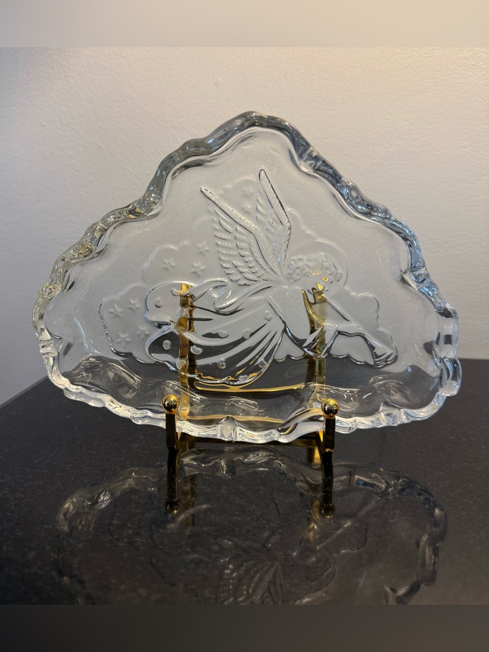 Clear and Frosted Crystal Angel Platter - Decorative Winged Design